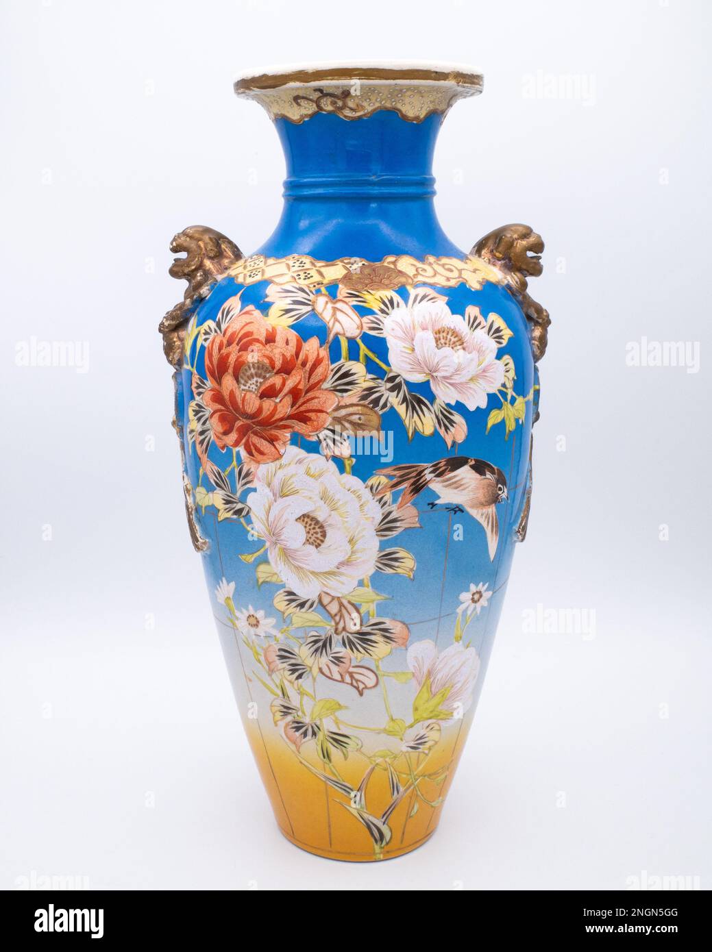 Jarrón de cerámica Satsuma japonés antiguo grande con manijas de león