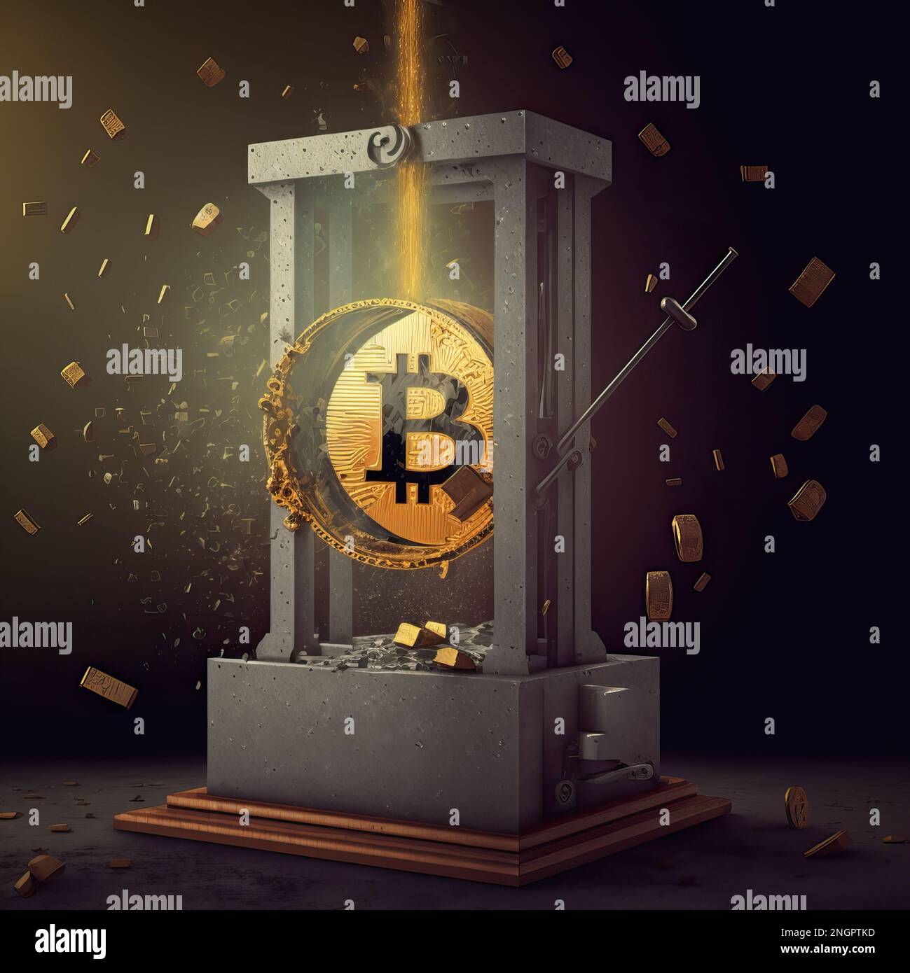 Concepto de criptomoneda Bitcoin siendo destruida, exterminada, sacrificada después de una gran recesión financiera Foto de stock