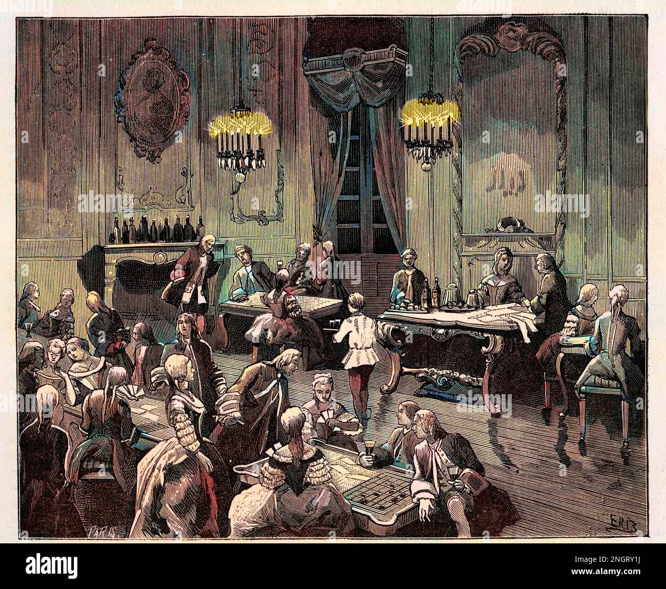 Les cabarets sous Luis XV (1710-1774). Grabado en 'Paris à travers les siècles' por H.Gourdon de Genouillac, F.Roy éditeur, París, 1882. Foto de stock