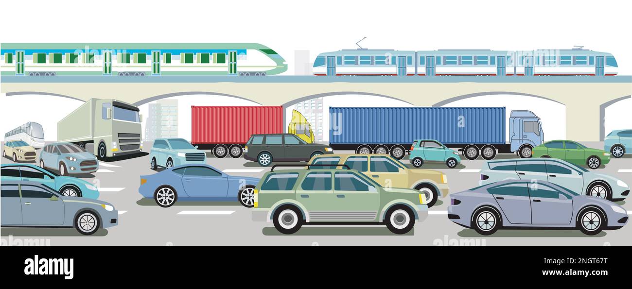 Carretera con tren expreso, camión y coche de pasajeros, Ilustración Ilustración del Vector
