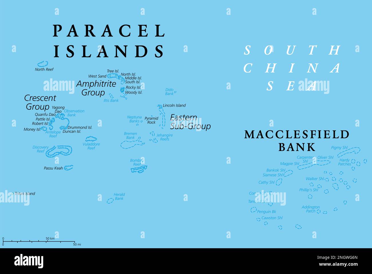 Mapa político de las Islas Paracel. También conocido como Islas Xisha o
