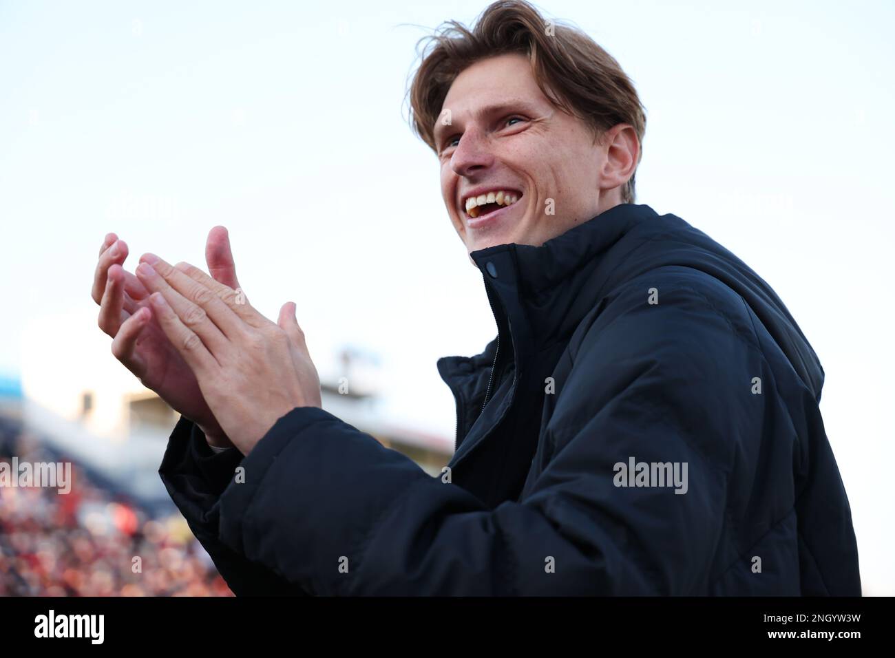 Kanagawa, Japan. 18th Feb, 2023. (L-R) Kenta Hasegawa head coach, Kasper  Junker (Grampus) Football/Soccer : 2023 J1 League match between Yokohama FC  - Nagoya Grampus at Nippatsu Mitsuzawa Stadium in Kanagawa, Japan .