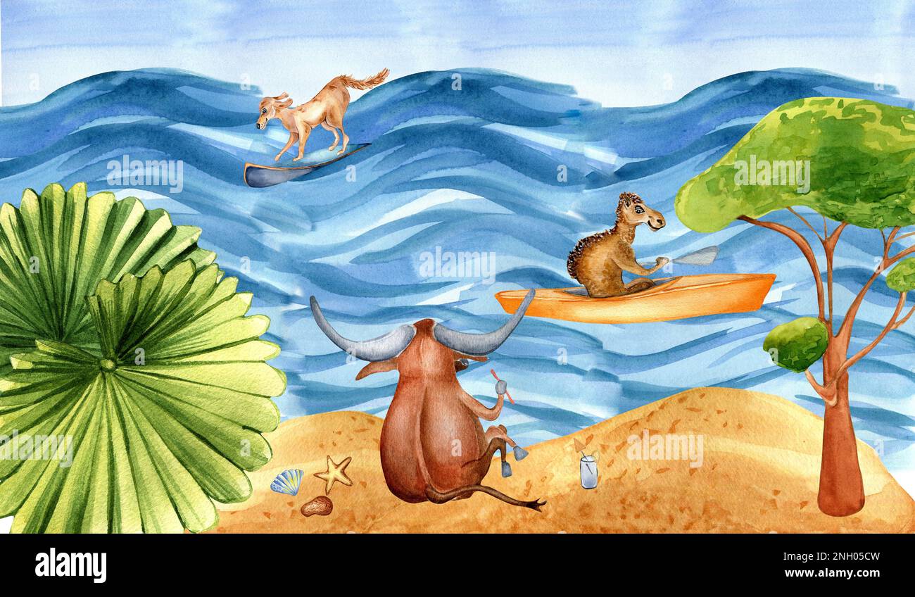 Animales australianos de dibujos animados descansando en la ilustración de la acuarela de la playa. Lindo búfalo, perro, camello se divierten en el verano dibujado a mano. Elemento de diseño para pr Foto de stock
