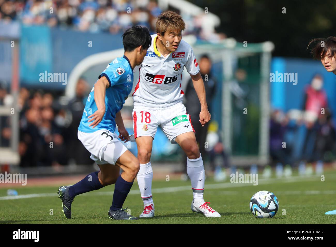 Kanagawa, Japan. 18th Feb, 2023. (L-R) Kenta Hasegawa head coach, Kasper  Junker (Grampus) Football/Soccer : 2023 J1 League match between Yokohama FC  - Nagoya Grampus at Nippatsu Mitsuzawa Stadium in Kanagawa, Japan .