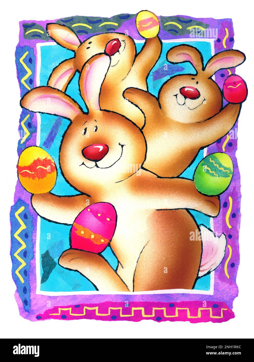 Pascua-3 conejos cómicos malabares huevos patrón de fondo en blanco Foto de stock