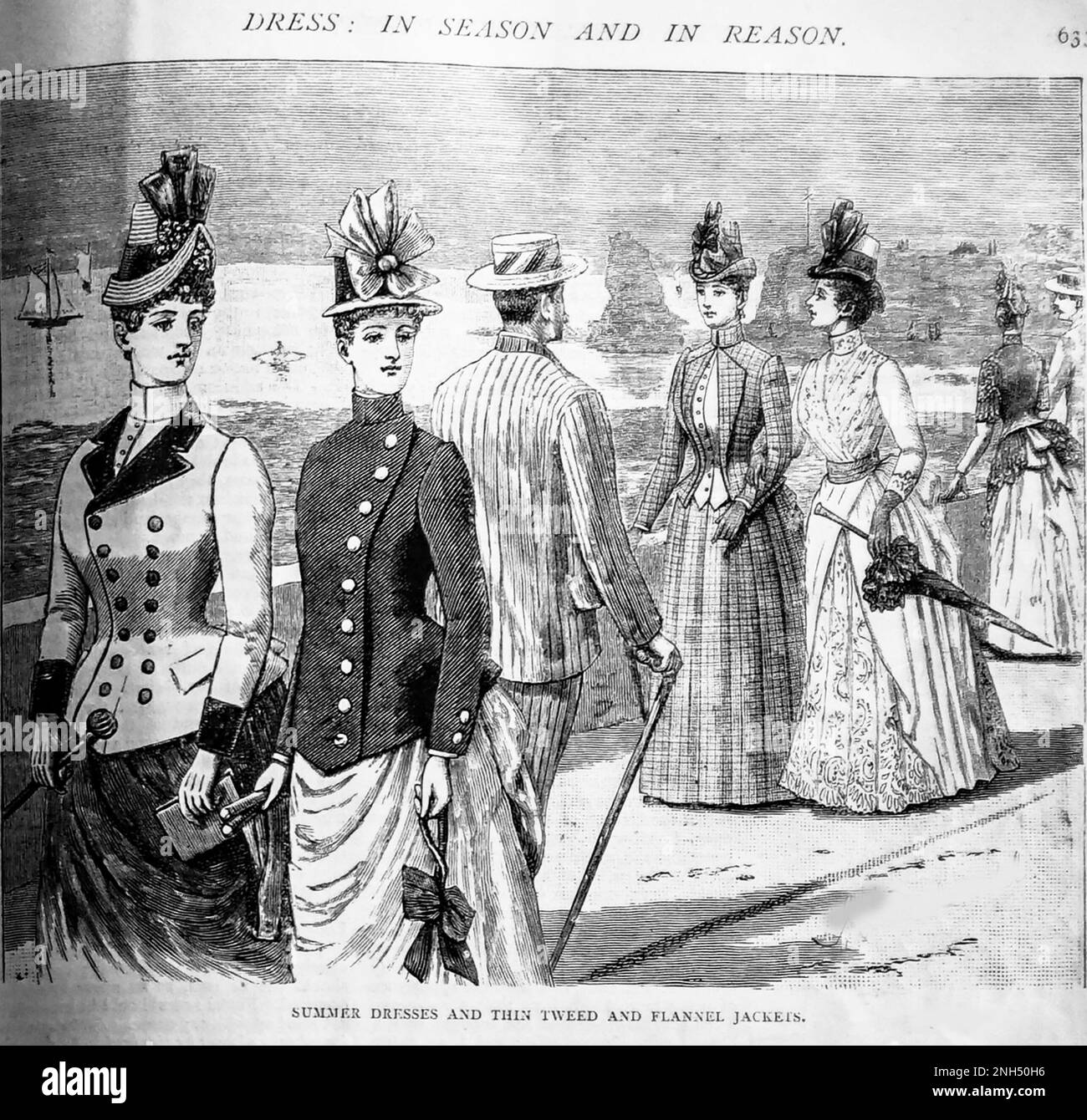 Un boceto del siglo 19th de jóvenes vestidos de moda paseando titulado Vestidos de verano y chaquetas de tweed y franela delgadas de The Girls Own Weekly de 1888. Foto de stock