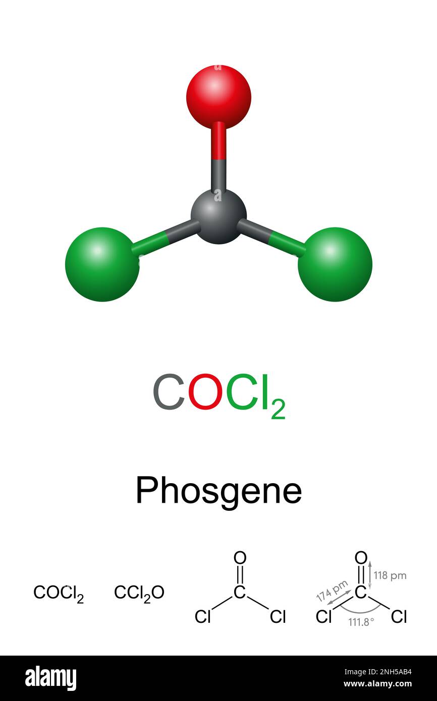 Fosgeno, dicloruro de carbonilo, modelo de bola y palo, fórmula molecular y química. Gas tóxico, incoloro, utilizado en la producción de plásticos. Foto de stock