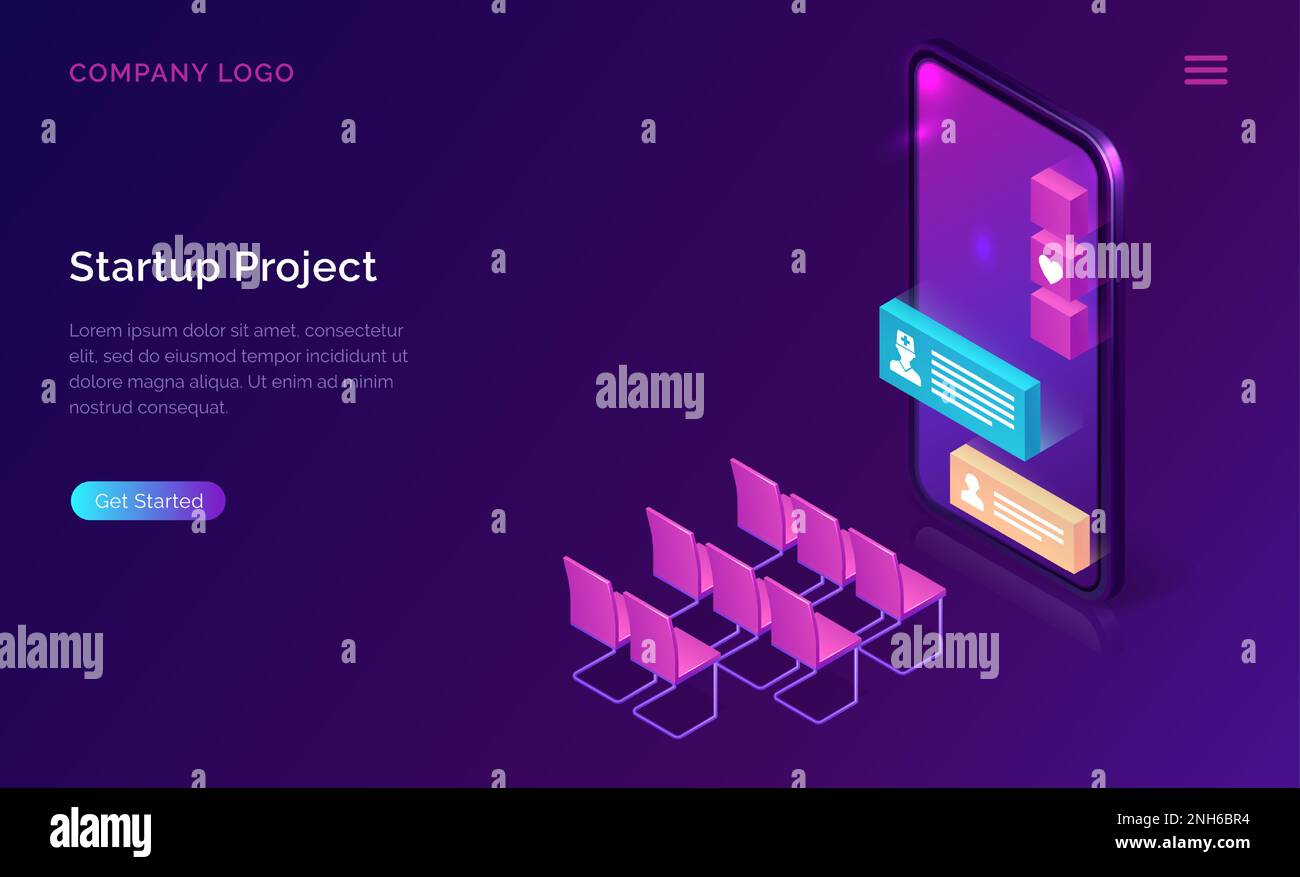 La medicina en línea comienza la presentación del vector de concepto isométrico. Aplicación de distancia o telemedicina para teléfonos móviles. Pantalla del smartphone con la burbuja de mensajes de chat y sillas vacías de la audiencia en la bandera púrpura Ilustración del Vector