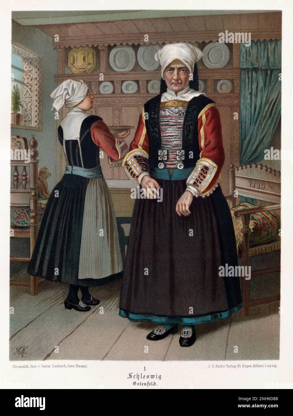 Disfraz folclórico alemán. Schleswig, Ostenfeld. litografía del siglo 19th. Foto de stock