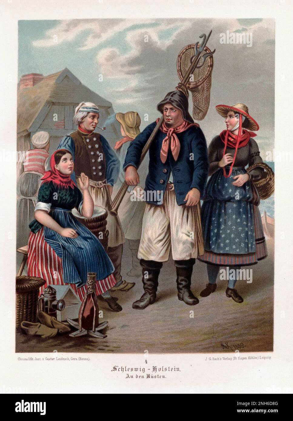 Disfraz folclórico alemán. Schleswig-Holstein, costa del mar. litografía del siglo 19th. Foto de stock
