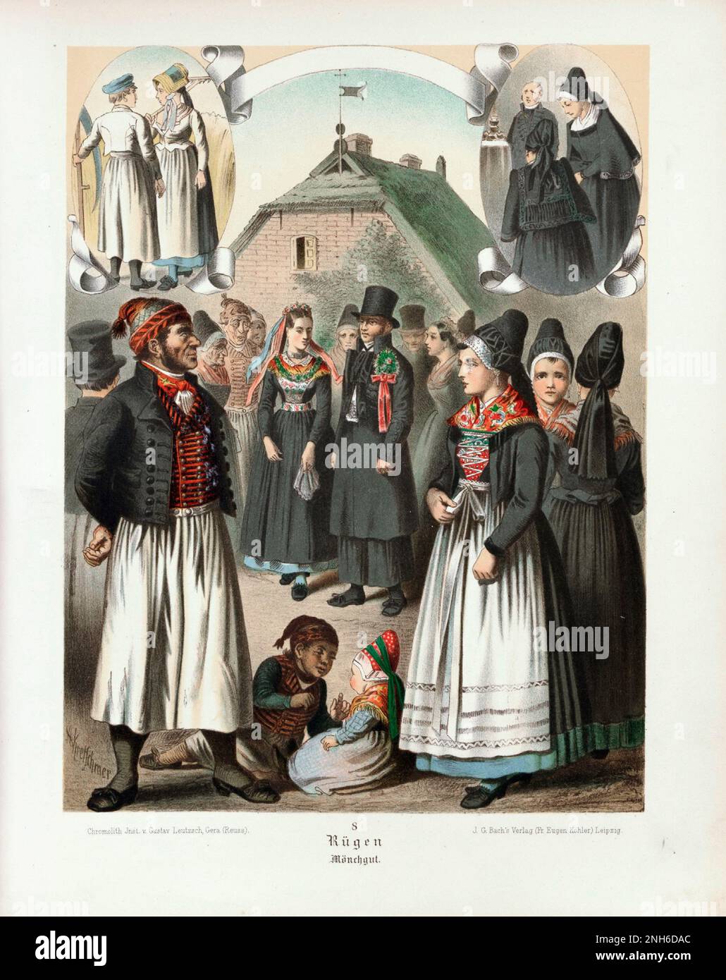 Disfraz folclórico alemán. Rügen. litografía del siglo 19th. Foto de stock