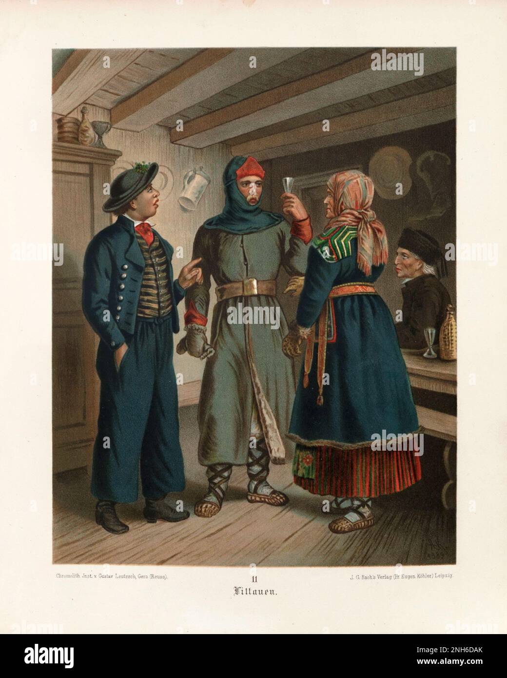 Disfraz folclórico alemán. Lituania (Litauen). litografía del siglo 19th. Foto de stock