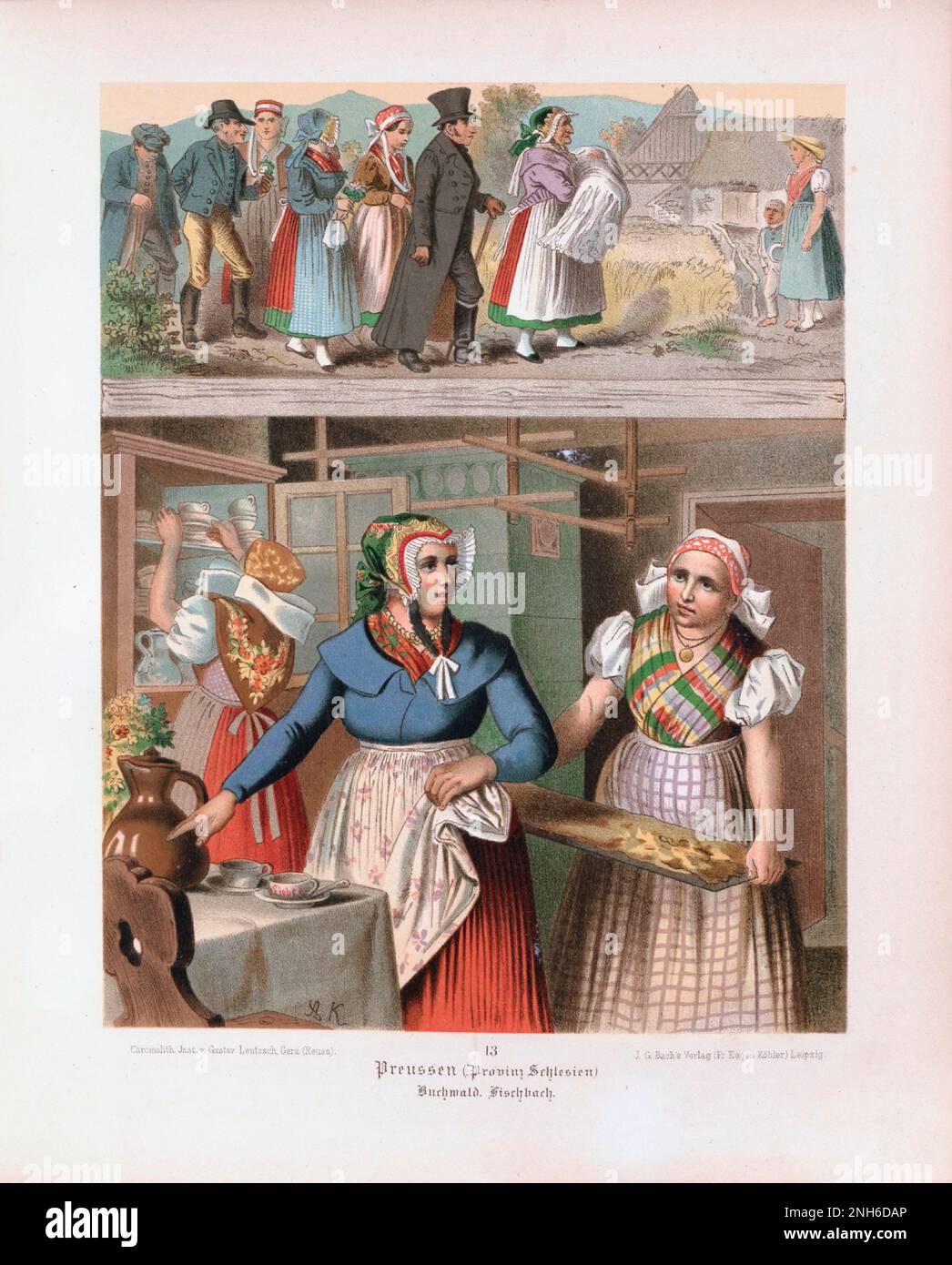 Disfraz folclórico alemán. Prussia (Preussen), Buchwald, Fischbach. litografía del siglo 19th. Foto de stock