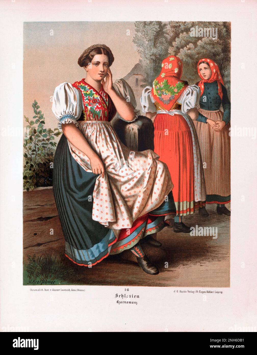 Disfraz folclórico alemán. Schlesien. litografía del siglo 19th. Foto de stock