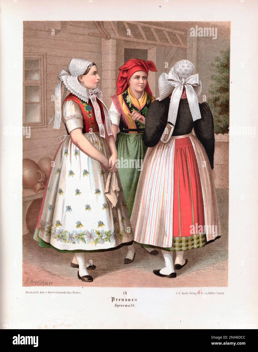 Disfraz folclórico alemán. Prusia (Germ. Preussen), Spreewald. litografía del siglo 19th. Foto de stock