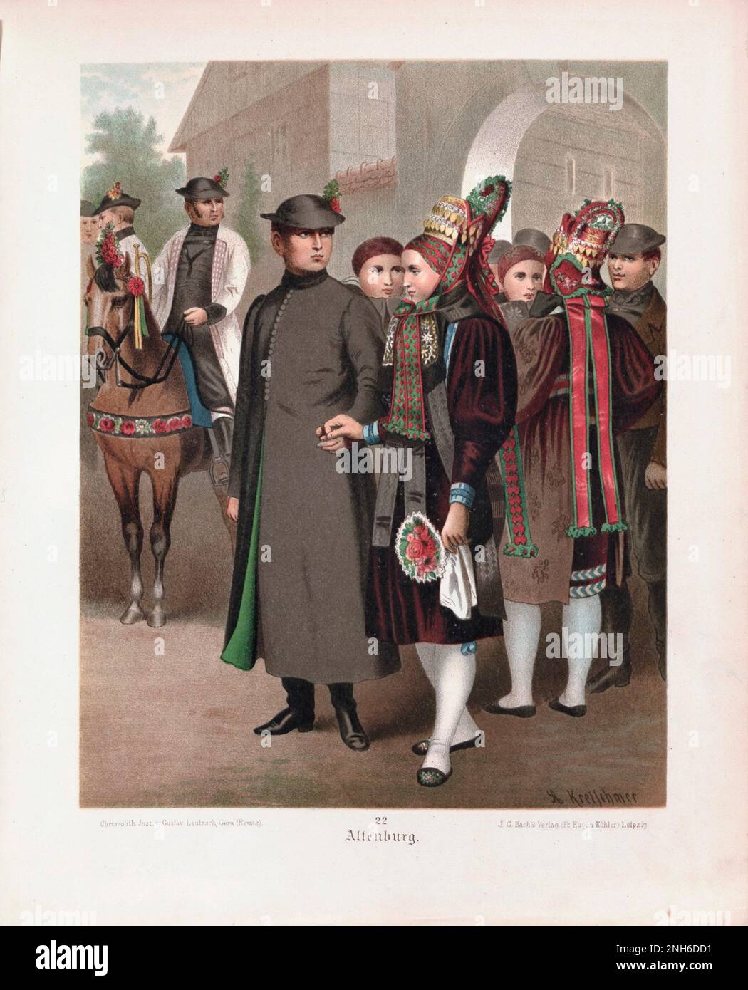 Disfraz folclórico alemán. Altenburg. litografía del siglo 19th. Foto de stock