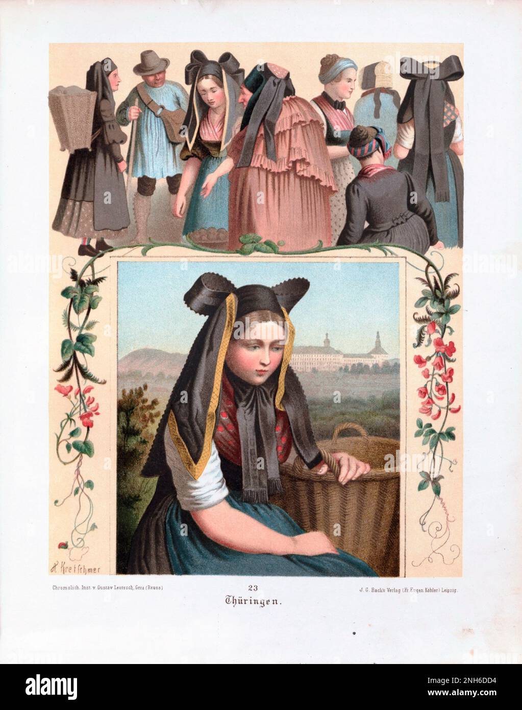 Disfraz folclórico alemán. Turingia (Thüringen). litografía del siglo 19th. Foto de stock