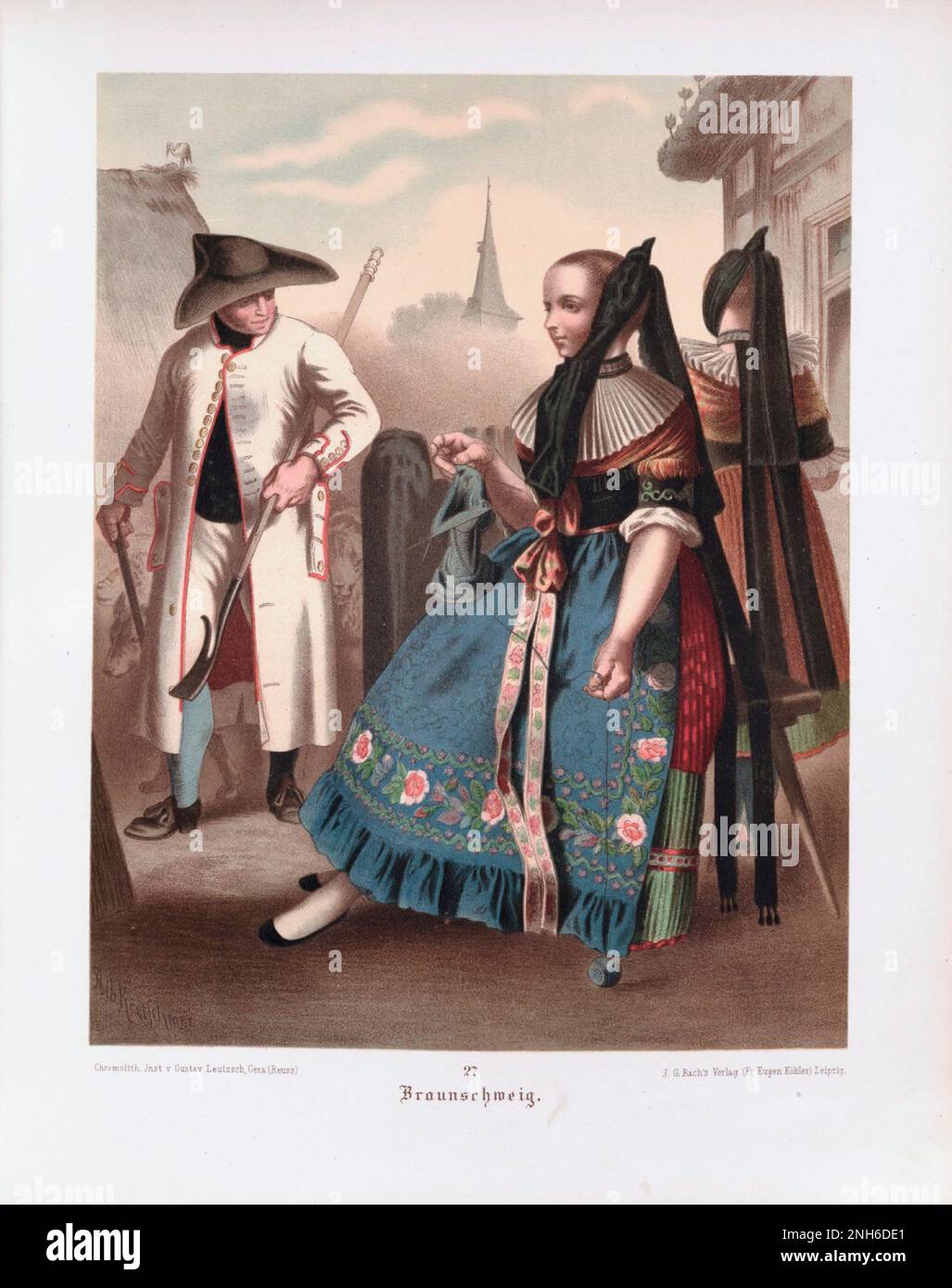 Disfraz folclórico alemán. A cargo de Braunschweig. litografía del siglo 19th. Foto de stock