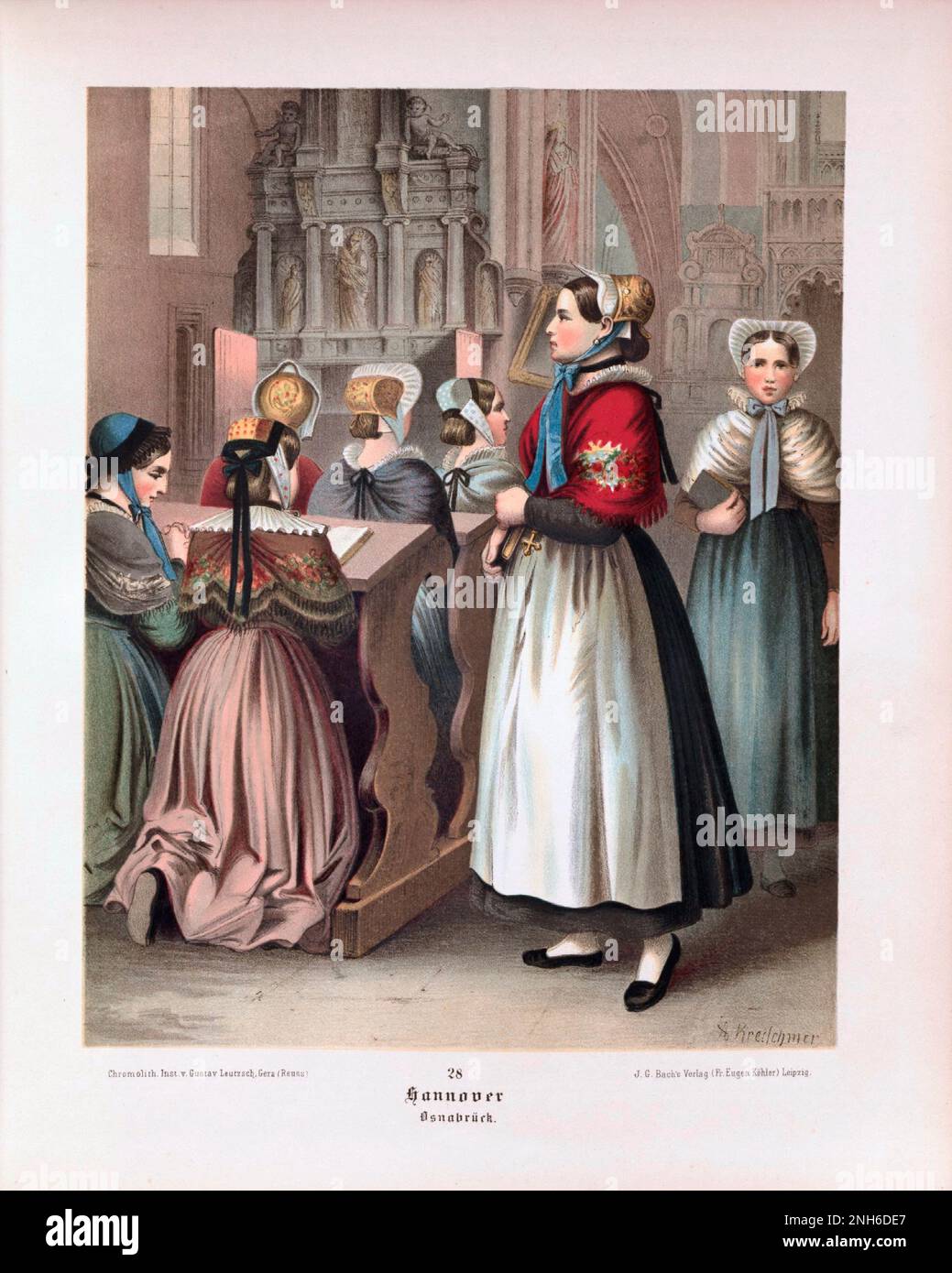 Disfraz folclórico alemán. Hannover (alemán: Hannover). litografía del siglo 19th. Foto de stock