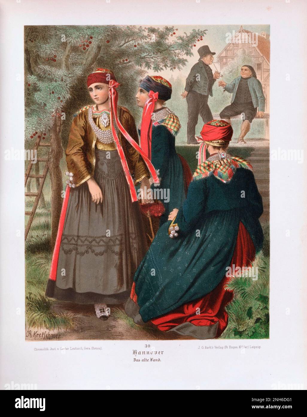 Disfraz folclórico alemán. Hannover (alemán: Hannover), das alte Land. litografía del siglo 19th. Foto de stock