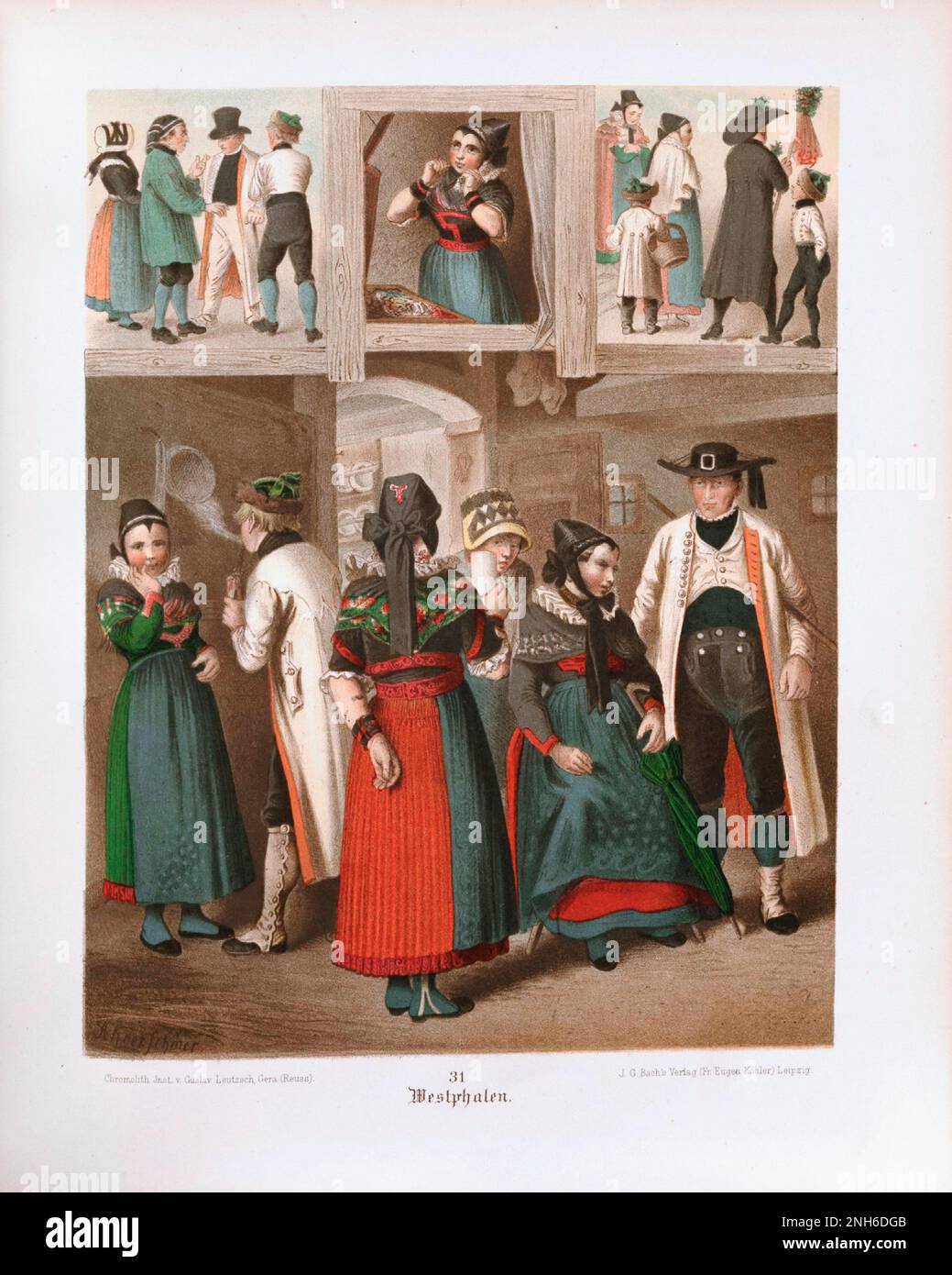 Disfraz folclórico alemán. Westfalia (alemán: Westphalen). litografía del siglo 19th. Foto de stock