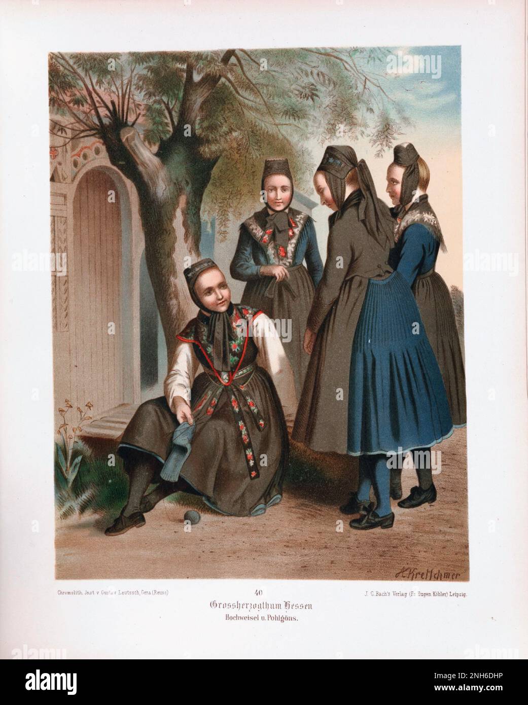 Disfraz folclórico alemán. Gran Ducado de Hesse (Grosshezogthum Hessen). litografía del siglo 19th. Foto de stock