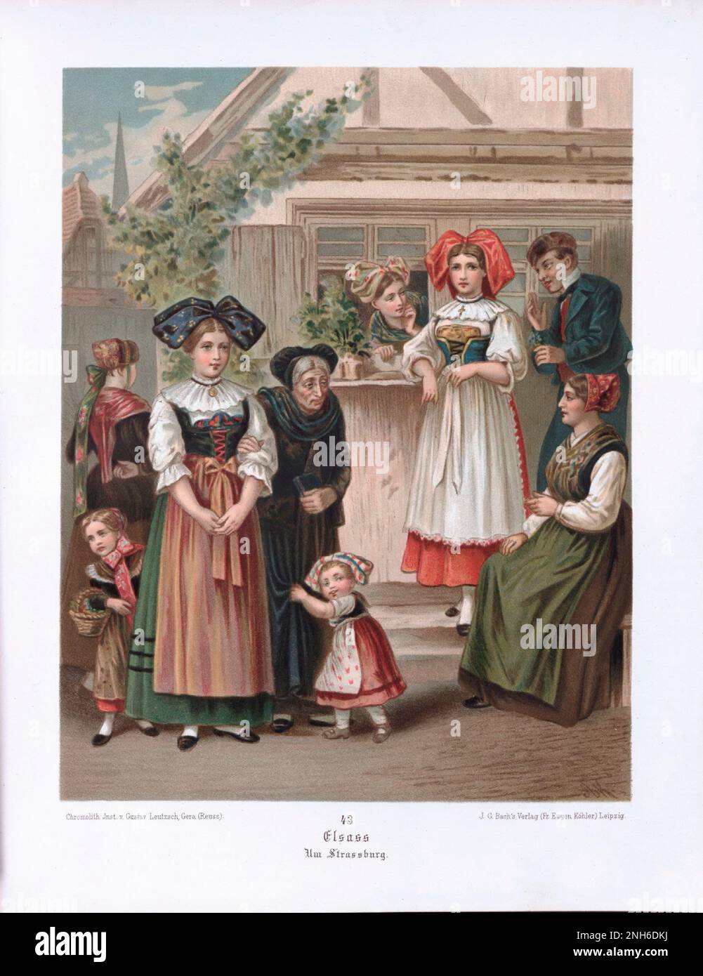 Disfraz folclórico alemán. Alsacia (alemán: Elsass). litografía del siglo 19th. Foto de stock