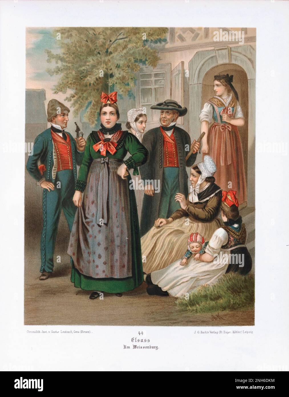 Disfraz folclórico alemán. Alsacia (alemán: Elsass). litografía del siglo 19th. Foto de stock
