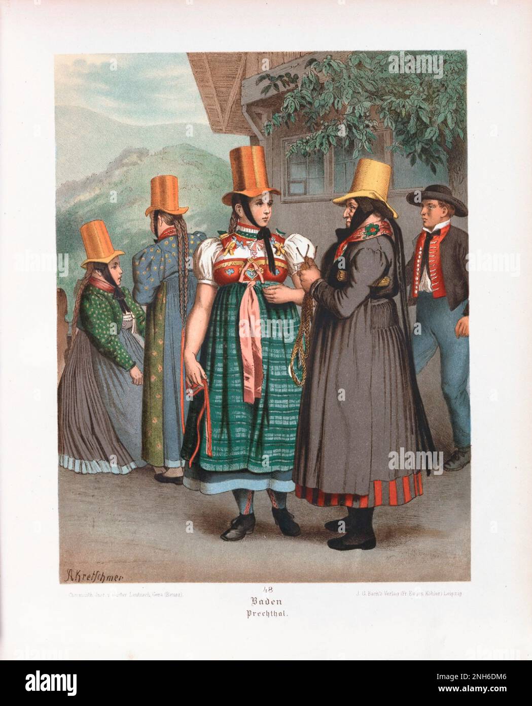 Disfraz folclórico alemán. Baden, Prechthal. litografía del siglo 19th. Foto de stock
