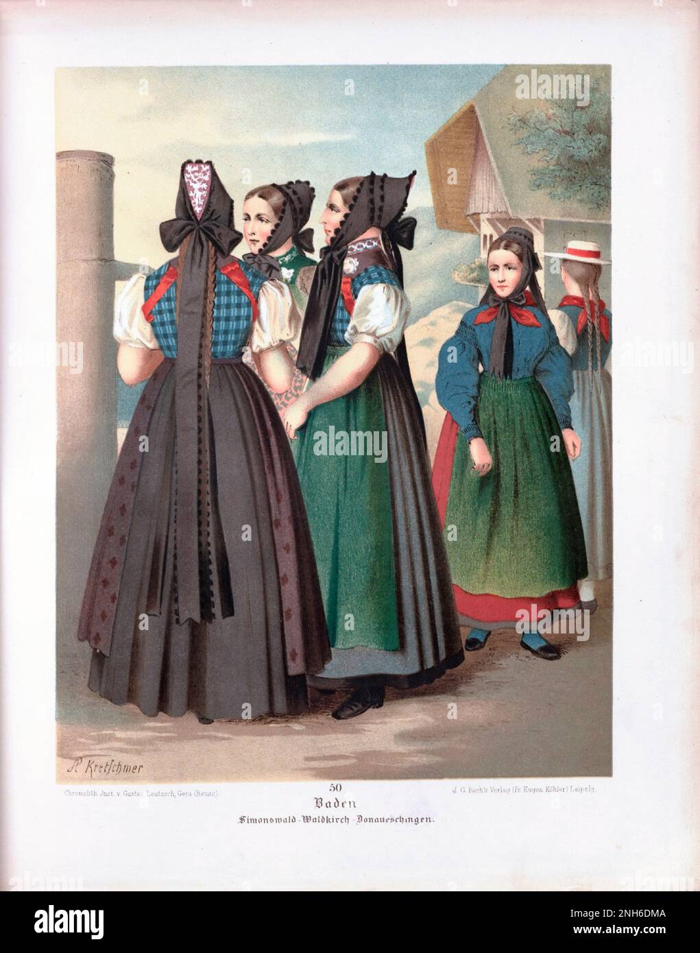 Disfraz folclórico alemán. Baden; Simoswald, Waldkirch, Donaueschingen. litografía del siglo 19th. Foto de stock