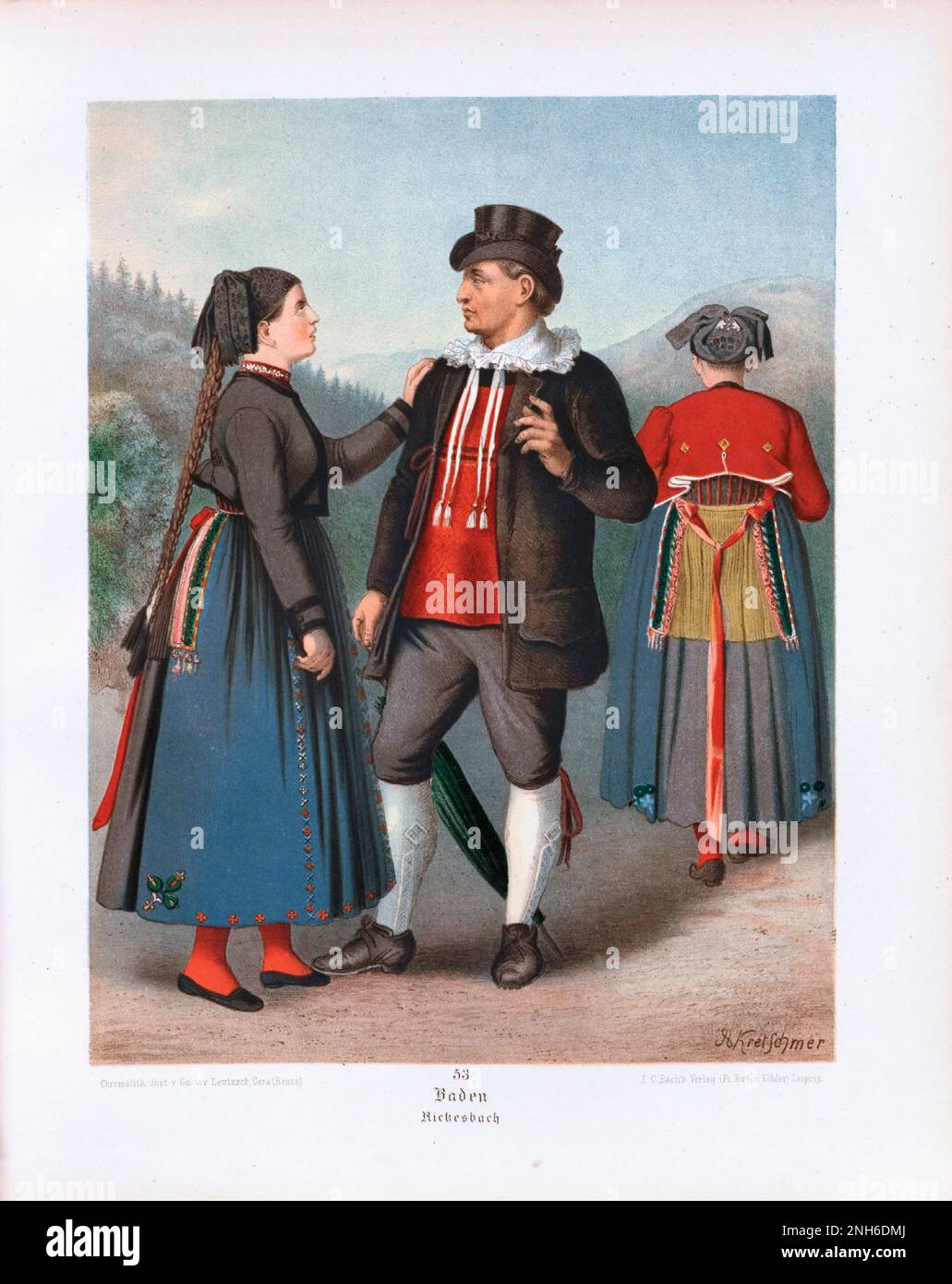 Disfraz folclórico alemán. Baden, Rickesbach. litografía del siglo 19th. Foto de stock