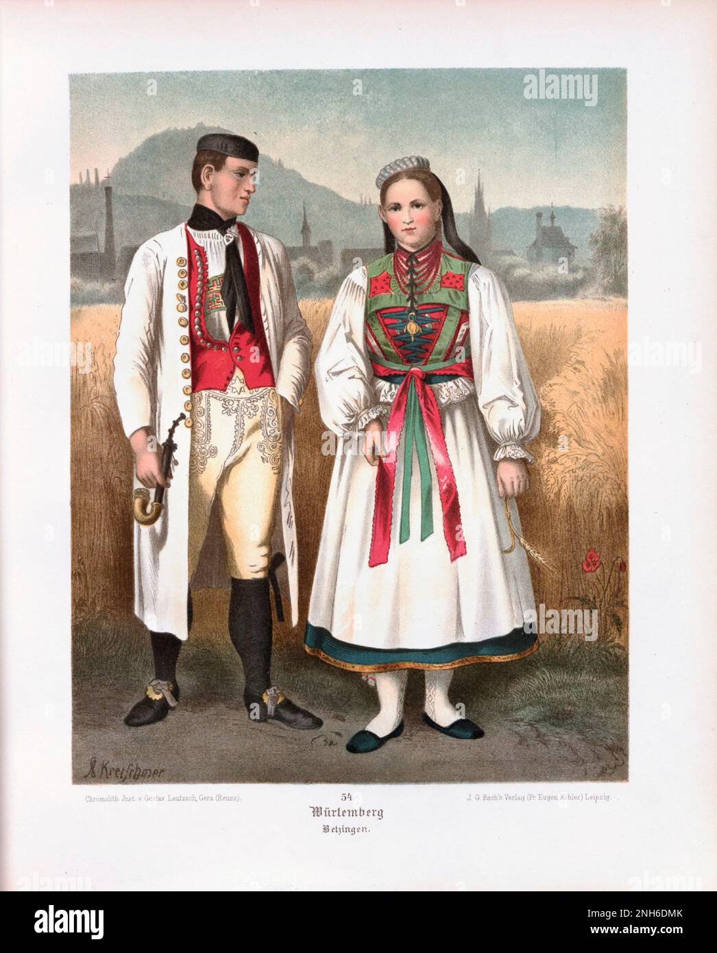Disfraz folclórico alemán. Württemberg. litografía del siglo 19th. Foto de stock