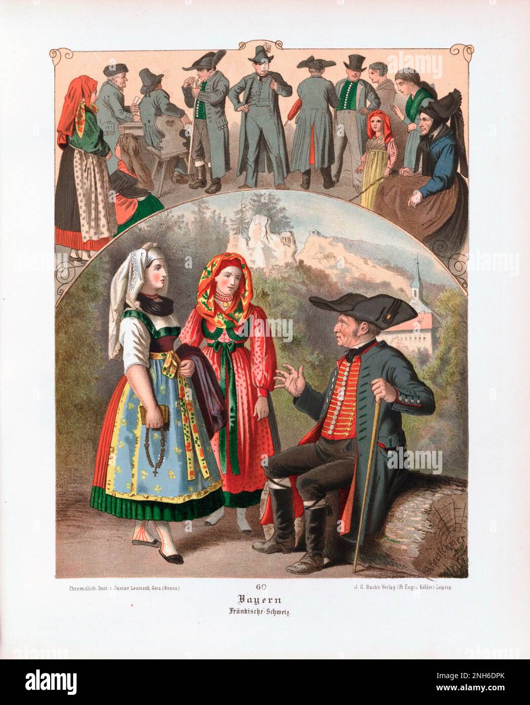 Disfraz folclórico alemán. Baviera (en alemán: Bayern), Frankische-Schmeiz. litografía del siglo 19th. Foto de stock