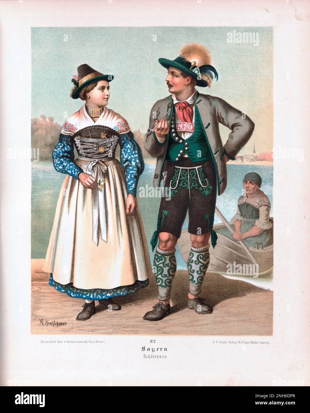 Disfraz folclórico alemán. Baviera (en alemán: Bayern), Schliersee. litografía del siglo 19th. Foto de stock