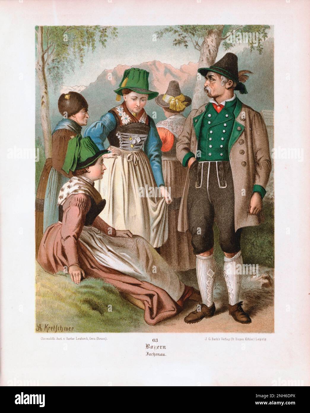 Disfraz folclórico alemán. Baviera (en alemán: Bayern), Jachenau. litografía del siglo 19th. Foto de stock