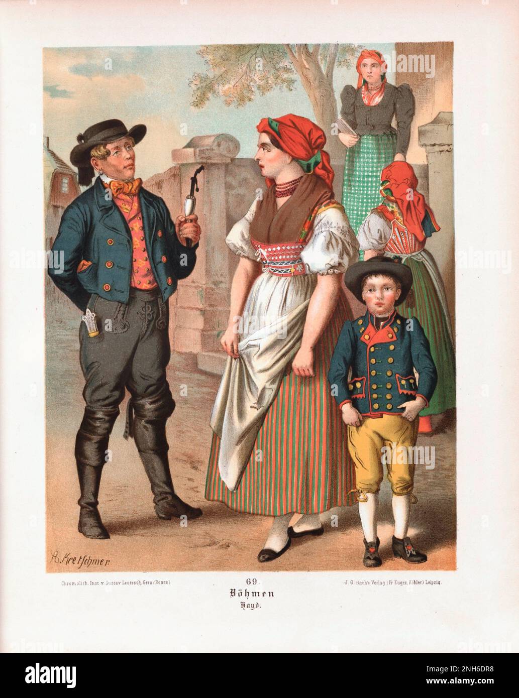 Disfraz folclórico alemán. Bohemia (en alemán: Böhmen), Hayd. litografía del siglo 19th. Foto de stock