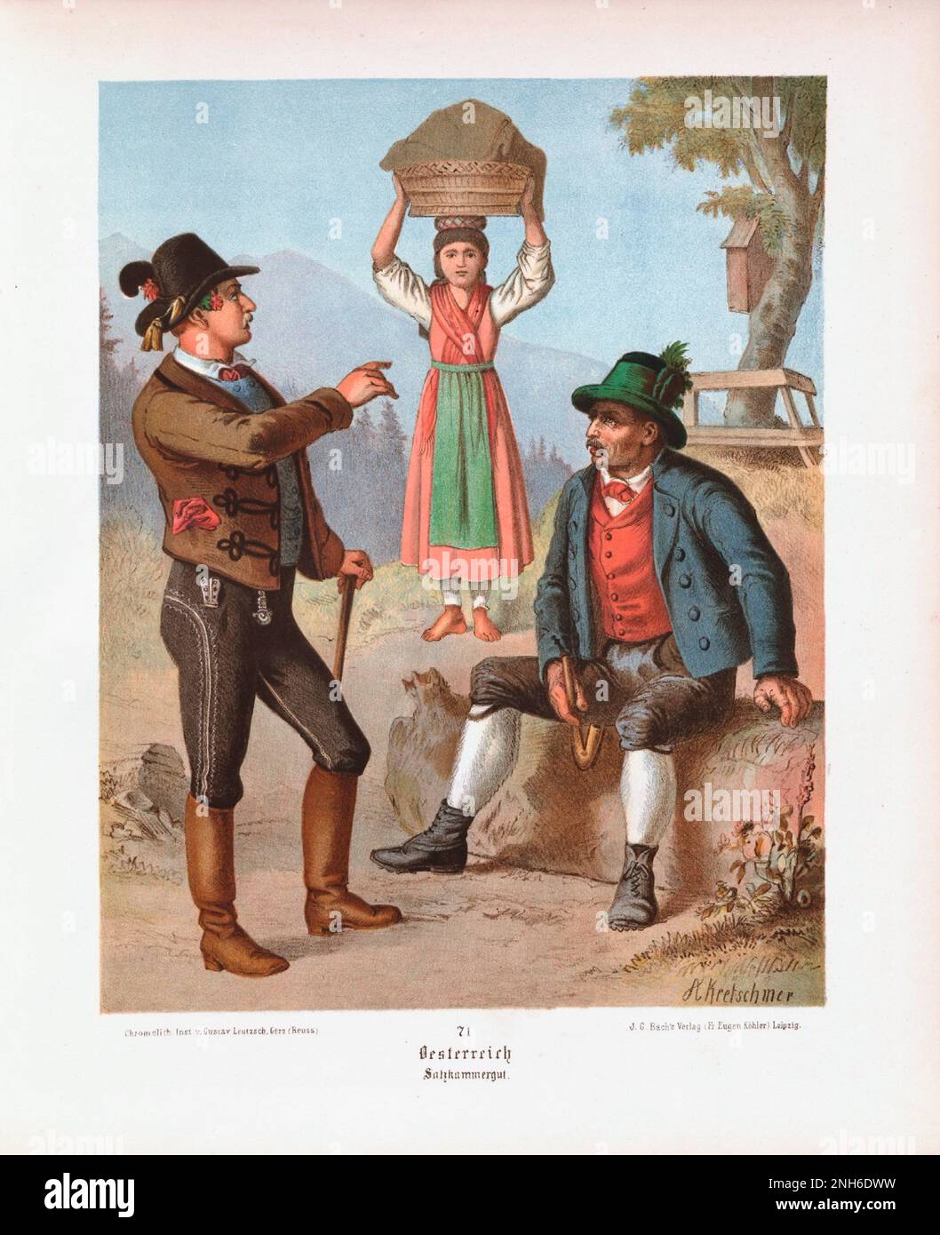 Disfraz folclórico alemán. Austria (Alemania: Österreich), Salzkammergut. litografía del siglo 19th. Foto de stock