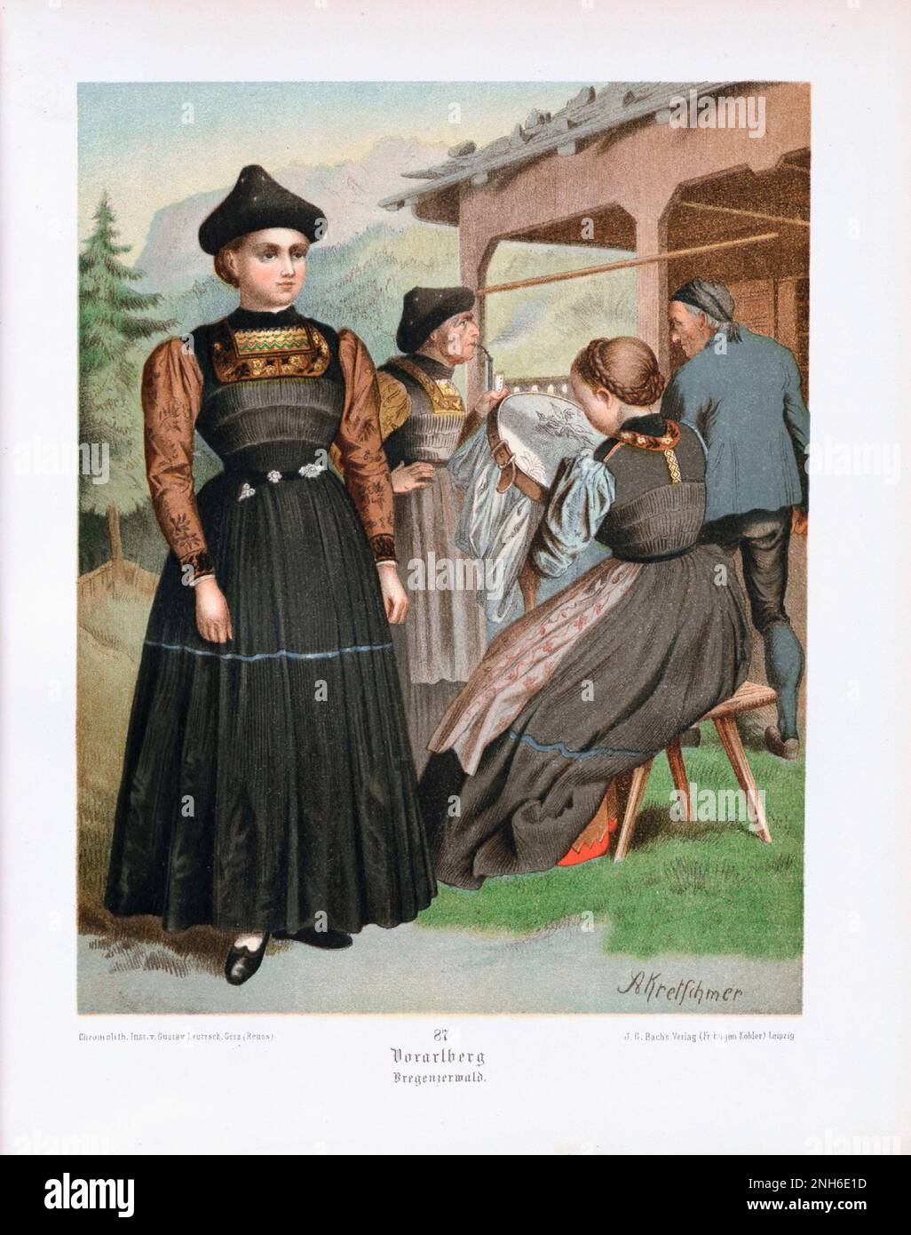 Disfraz folclórico alemán. Vorarlberg (estado más occidental de Austria), Bregenzerwald. litografía del siglo 19th. Foto de stock