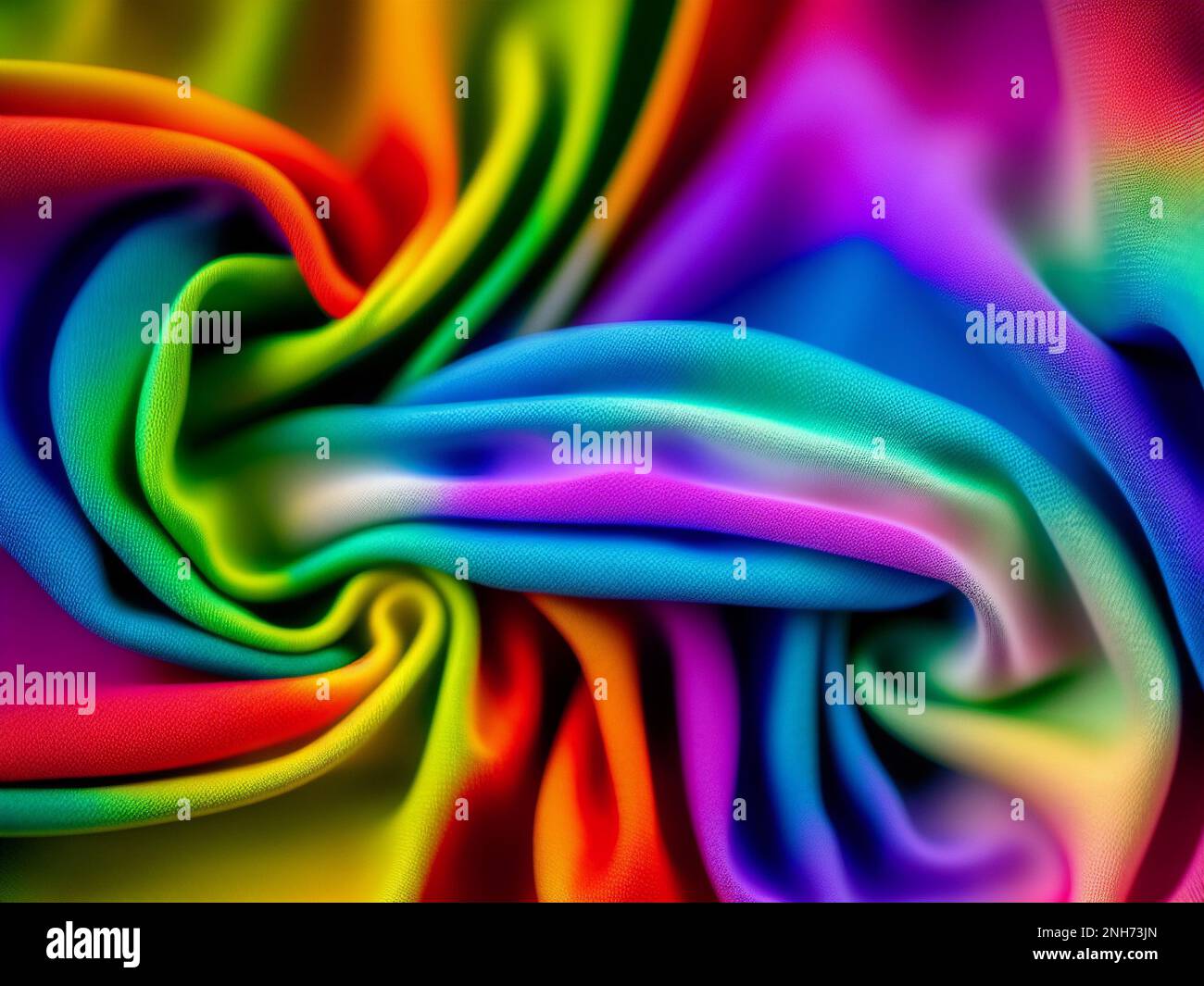 Primer plano de un paño de algodón teñido de color arco iris con arrugas y ondas perfectas para el fondo abstracto Foto de stock