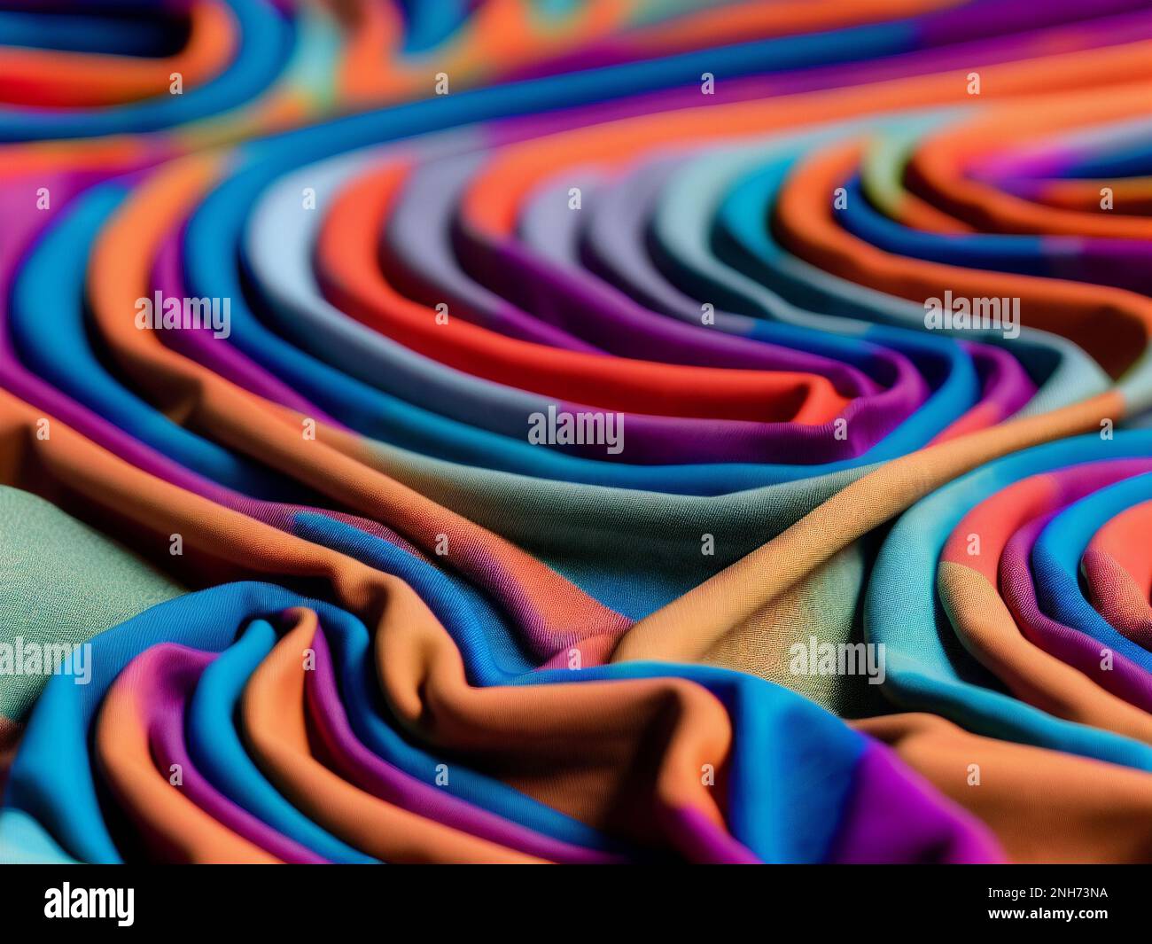 Primer plano de un paño de algodón teñido de color arco iris con arrugas y ondas perfectas para el fondo abstracto Foto de stock