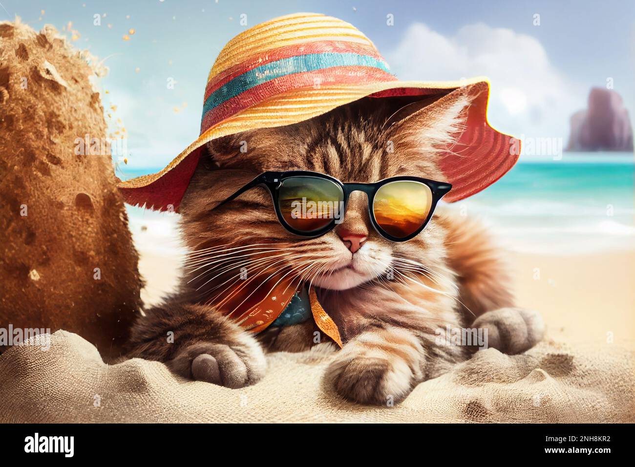 el gato está descansando en el complejo en la playa con gafas de sol.  Ilustración Generativa AI Fotografía de stock - Alamy