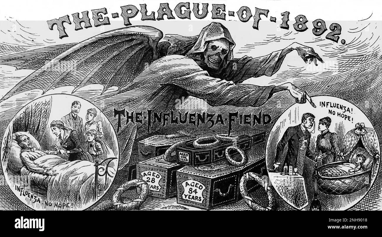 La pandemia de 1889-1890, a menudo conocida como la gripe rusa, fue una de las pandemias más mortíferas de la historia, matando a un millón de personas. Se repitió en 1892, cuando mató al príncipe Alberto Víctor, duque de Clarence y nieto de la reina Victoria, el 14 de enero de 1892. Esta imagen del Illustrated Police News de 1892 lamenta su muerte. Foto de stock