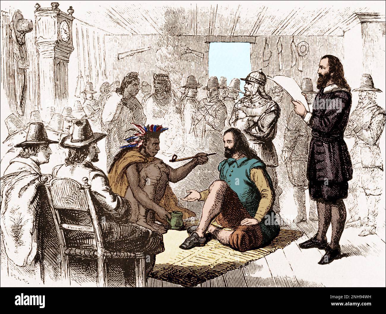 El líder de Wampanoag Massasoit (c.1581-1661) fumando una pipa de paz con el gobernador de Plymouth John Carver después de firmar un tratado en 1621. Grabado desde antes de 1898. Coloreado. Foto de stock