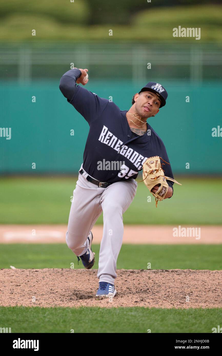 Hudson Valley Renegades pitcher Wellington Diaz (35) during a South  Atlantic League baseball game against the Jersey Shore BlueClaws on May 8,  2022 at ShoreTown Ballpark in Lakewood, New Jersey. (Mike Janes/Four