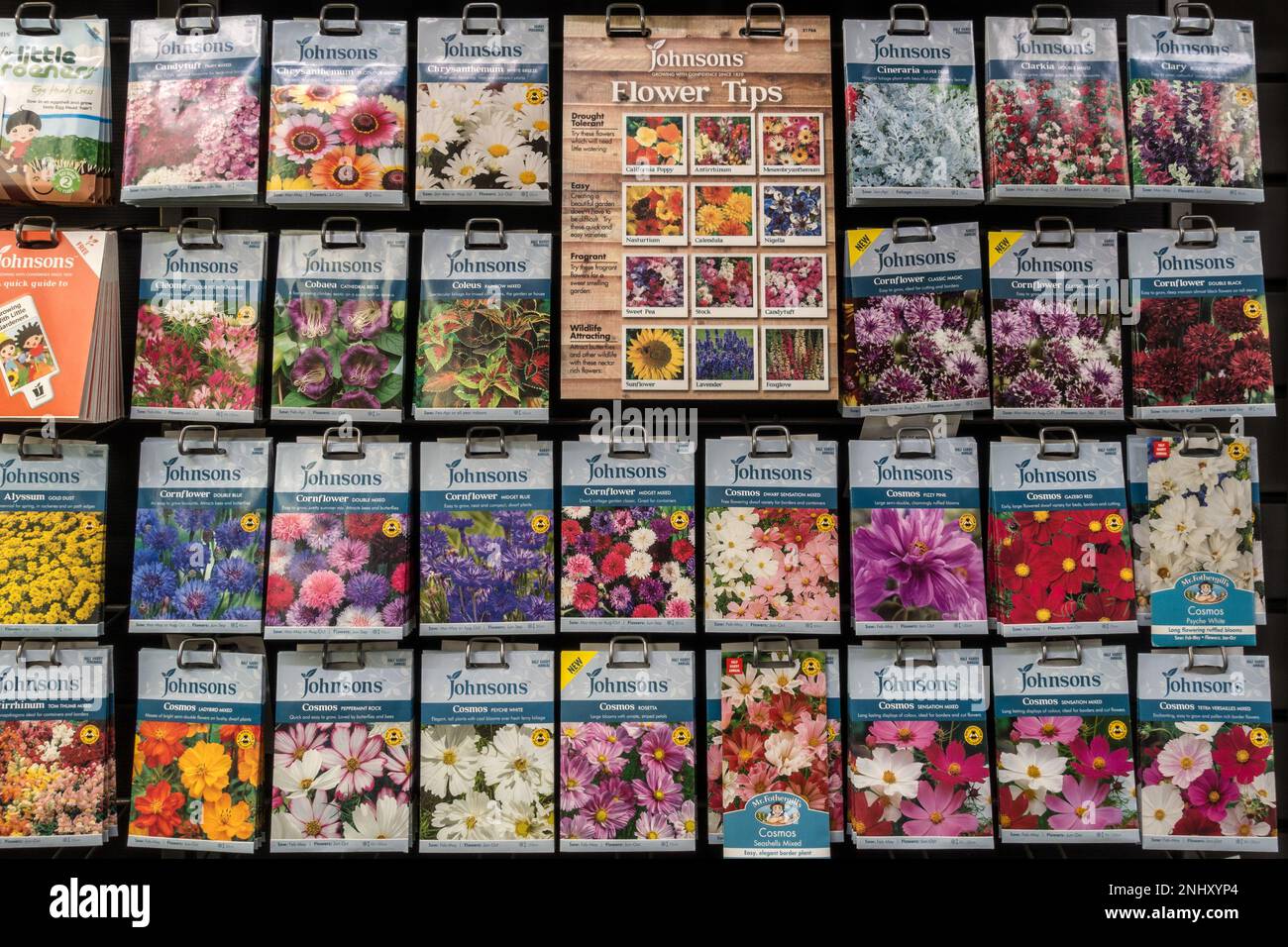 Filas ordenadas de paquetes coloridos de la semilla de la flor de Johnsons colgando en el soporte de exhibición en el centro del jardín del Reino Unido. Foto de stock