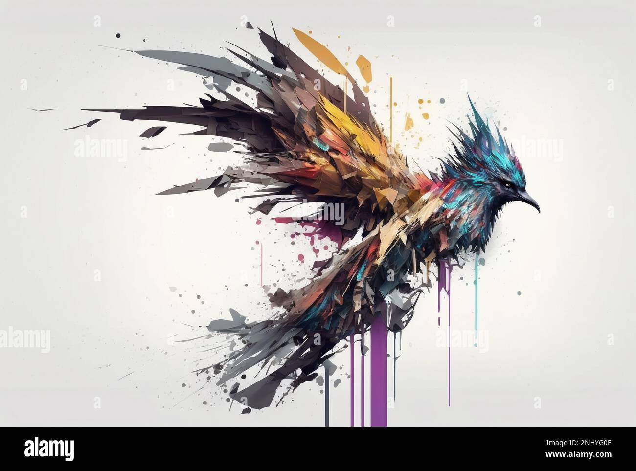 Una ilustración generada por la IA de la pintura colorida de la acuarela de la cabeza del pájaro de phoenix con la pintura que salpica. Foto de stock