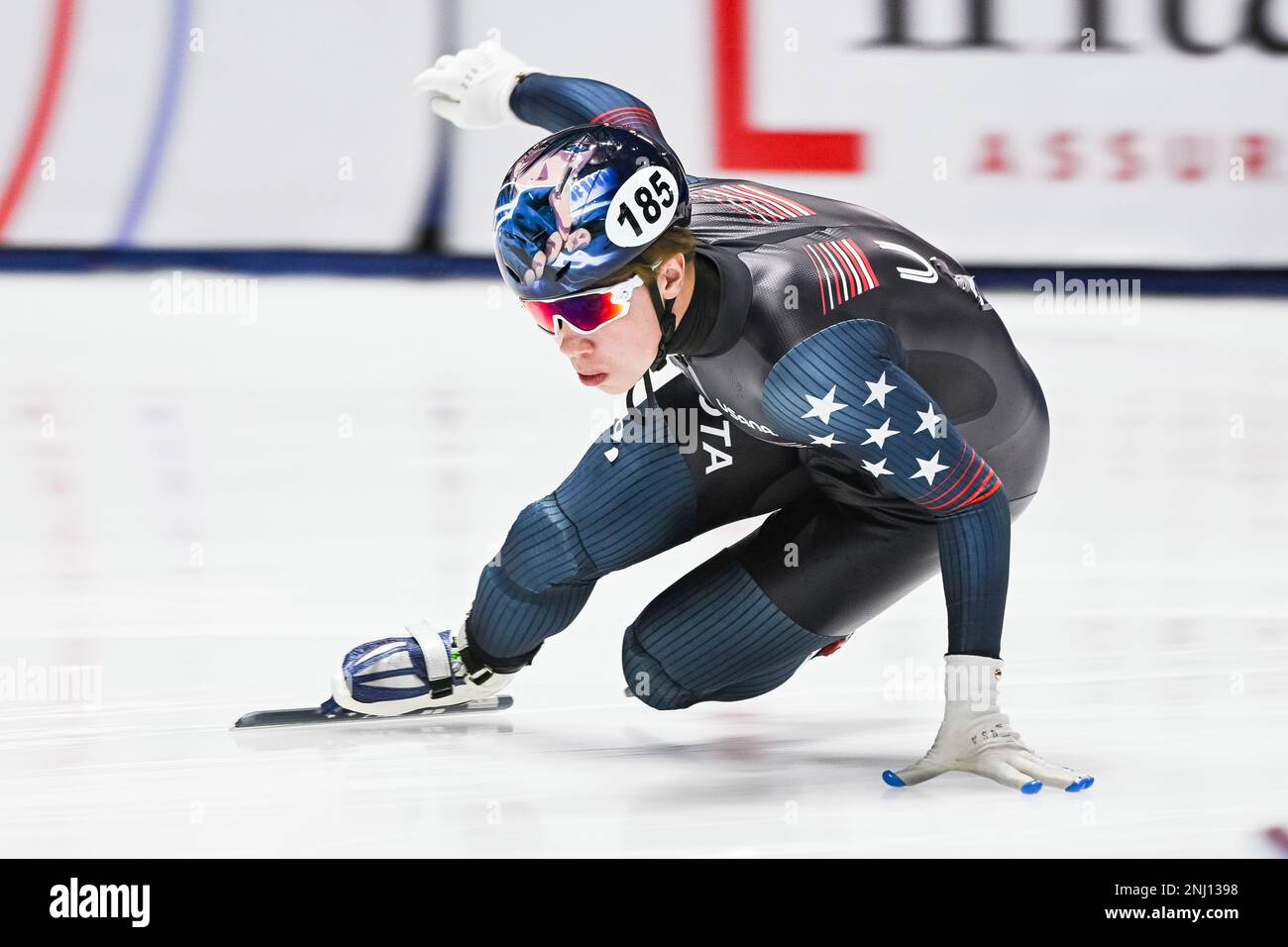 MONTREAL, QC - OCTOBER 28: Marcus Howard (USA) skates during the 500m heat  at ISU World Cup Short Track 1 on October 28, 2022, at Maurice-Richard  Arena in Montreal, QC (Photo by