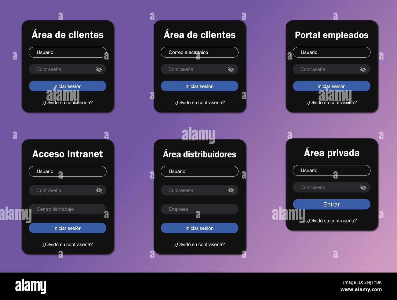 Diferentes casillas para login en modo negro en español Cliente, empleado,