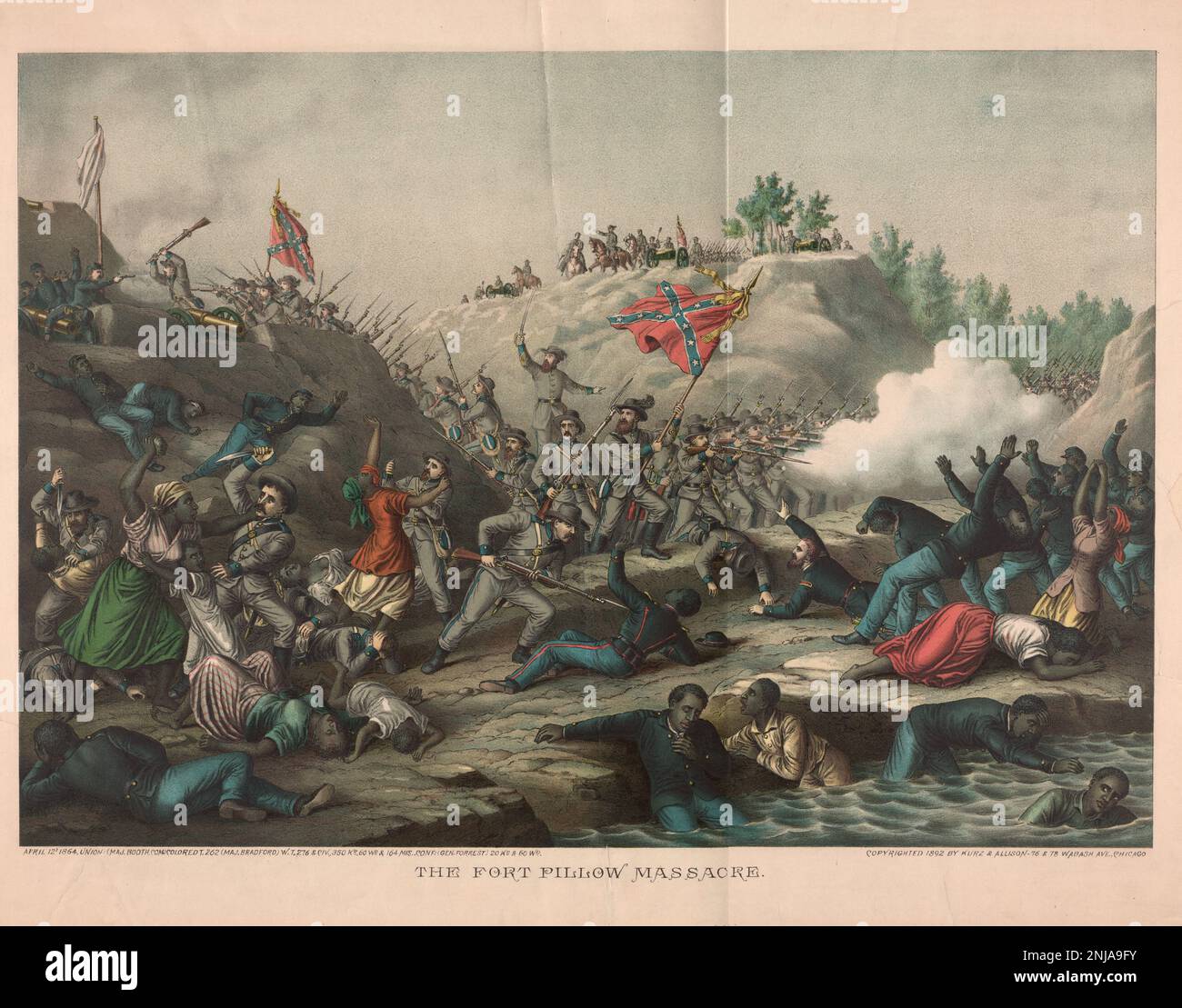 La batalla de Fort Pillow, también conocida como la masacre de Fort Pillow, se libró el 12 de abril de 1864, en Fort Pillow en el río Mississippi en Henning, Tennessee, durante la Guerra Civil Americana, ilustración a color de 1892 Foto de stock