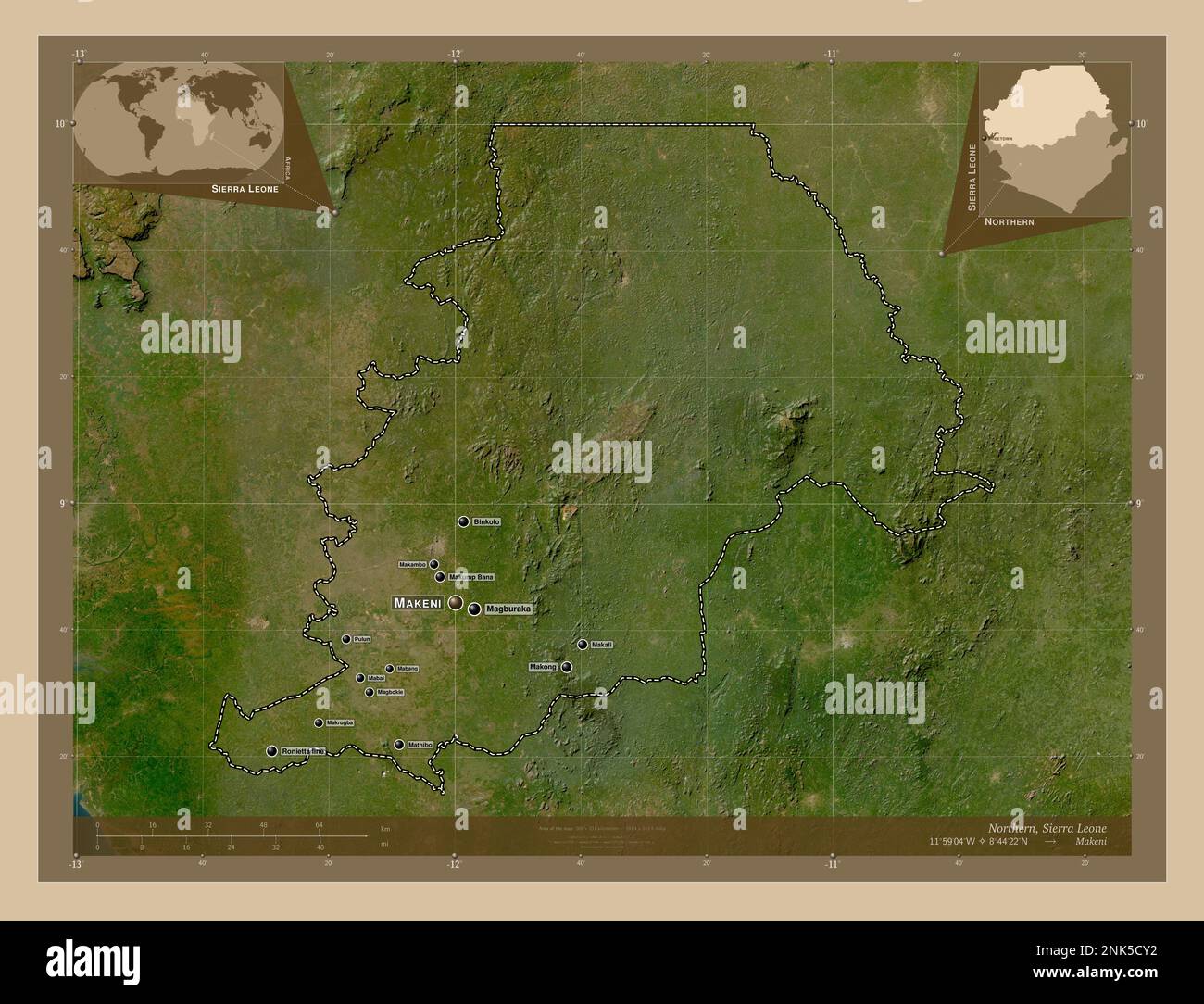 Norte, provincia de Sierra Leona. Mapa satelital de baja resolución